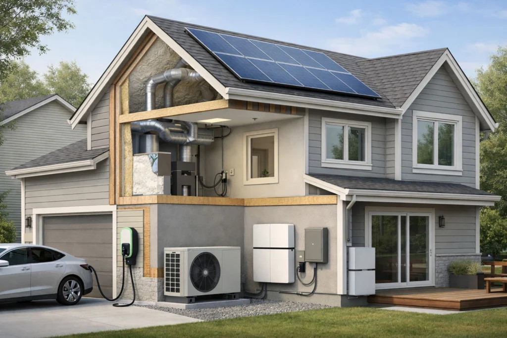 Cold climate heat pump installed outside a Canadian home operating efficiently in winter conditions