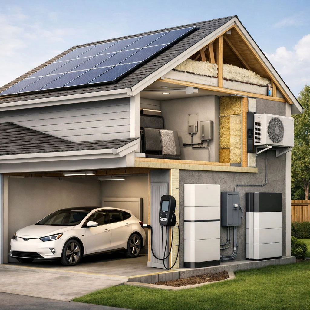 Level 2 home EV charger installed in a Canadian garage charging an electric vehicle