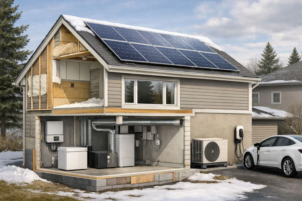 Solar panels installed on a snow-covered rooftop in Canada designed for cold climate performance