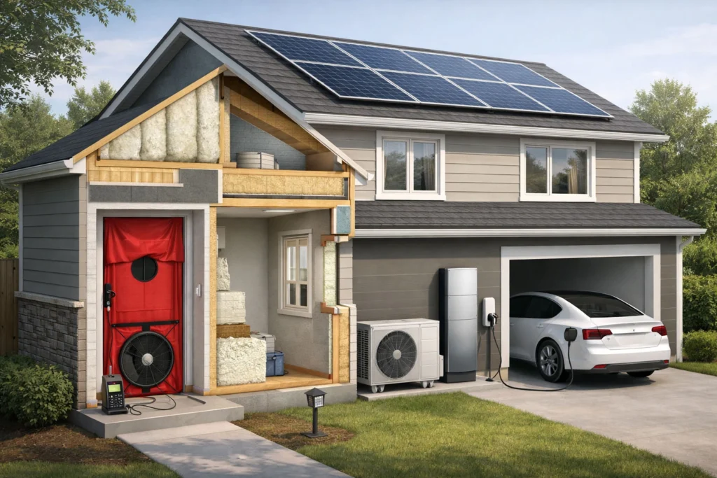 Blower door test being performed on a home in Ontario to measure air leakage and energy efficiency