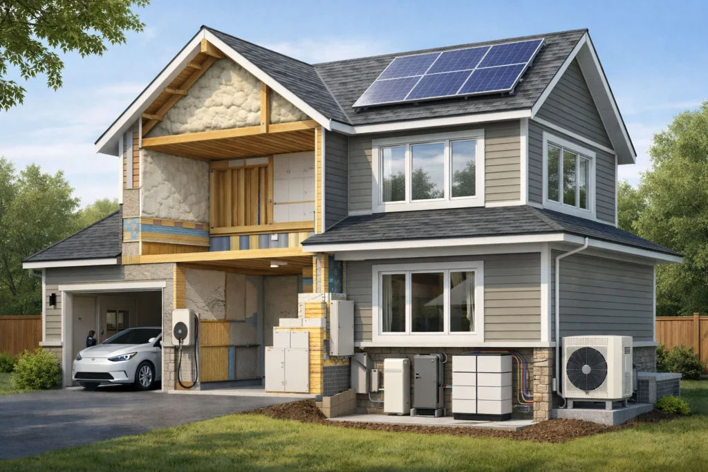 Cold climate heat pump installed outside a home in Canada providing efficient heating and cooling