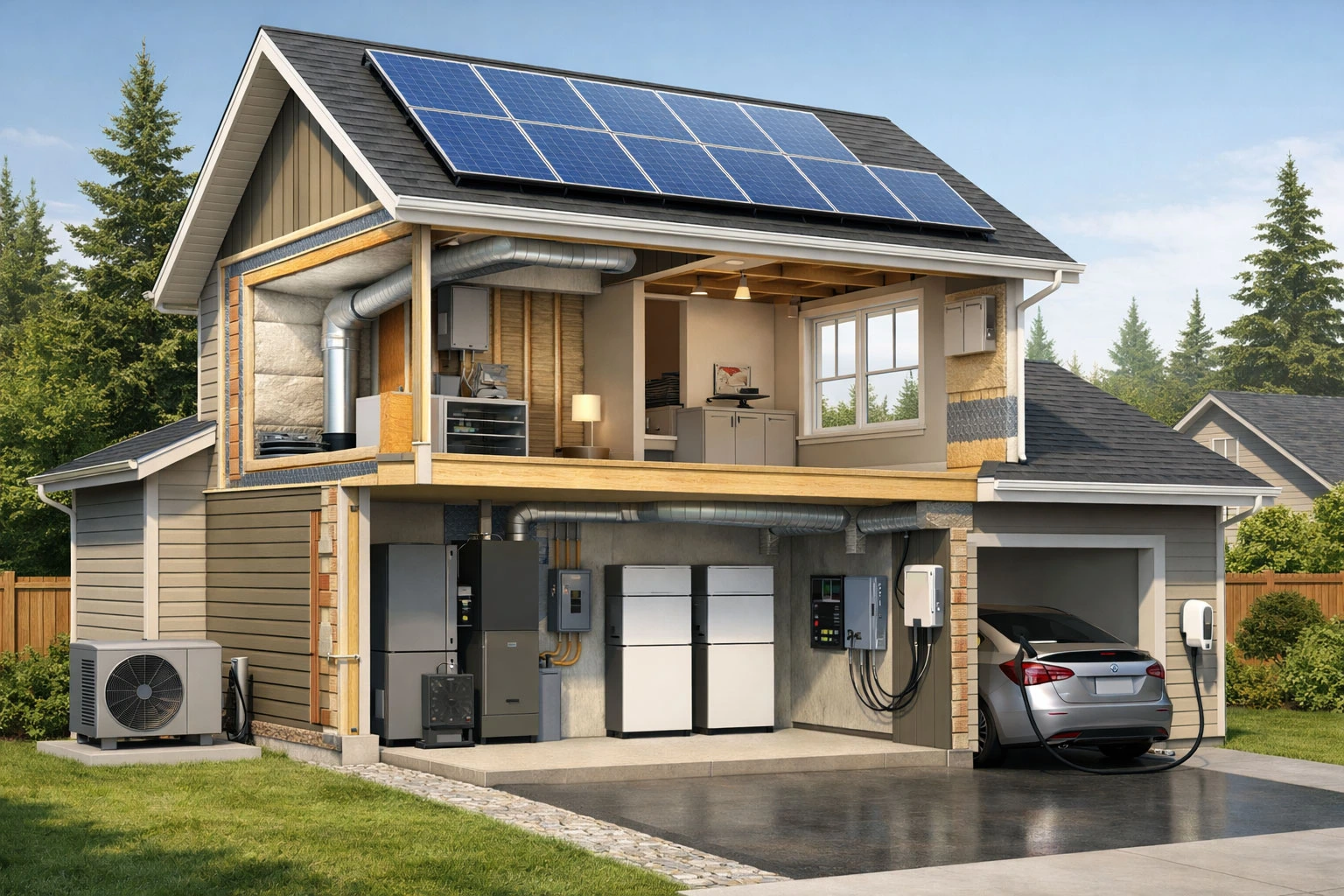 Home solar battery storage system installed in a Canadian house storing electricity from rooftop solar panels