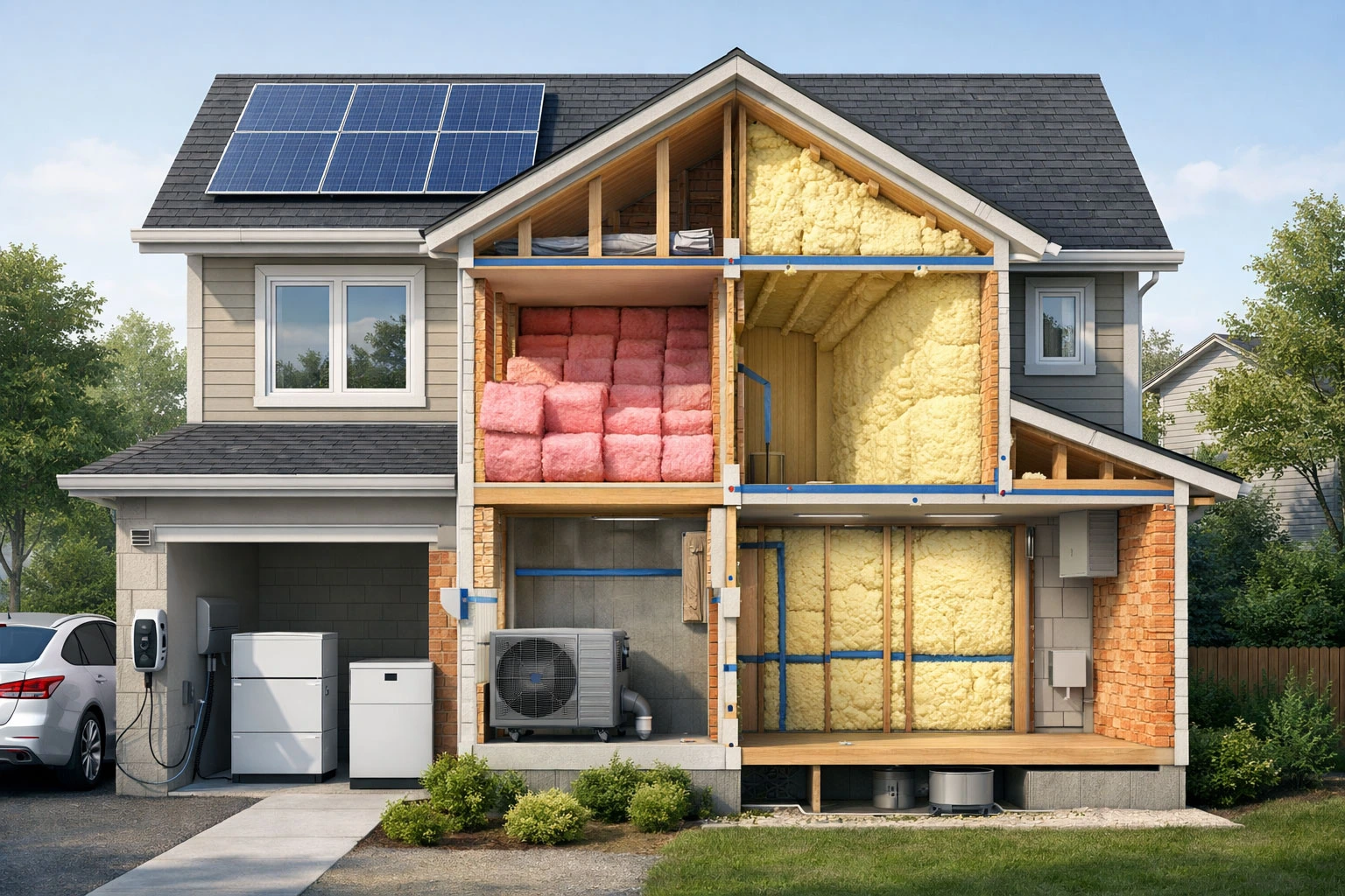 Spray foam insulation vs fiberglass insulation comparison in a residential wall showing energy efficiency differences