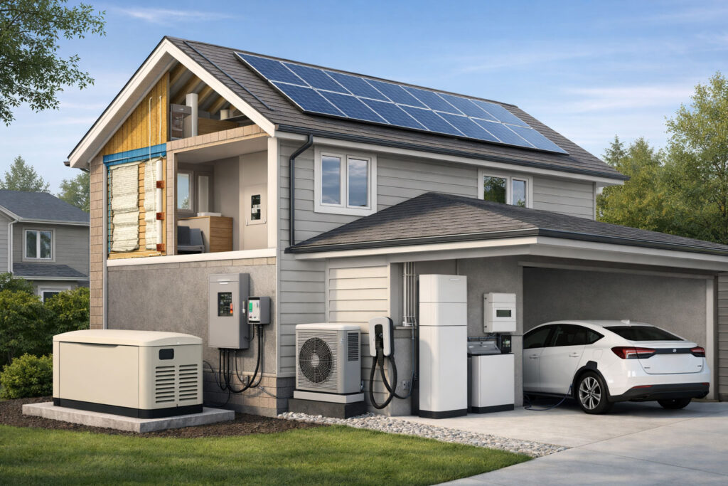 Whole home standby generator vs home battery backup system comparison installed in a residential utility room