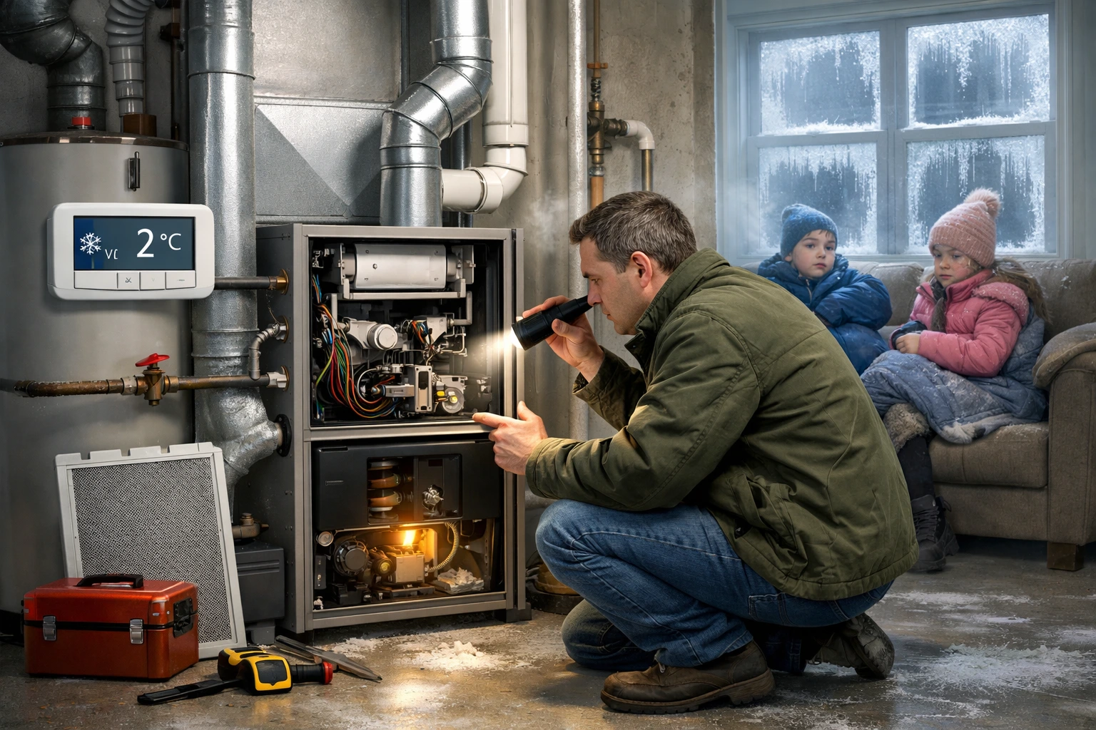 Homeowner inspecting a broken furnace in a basement trying to troubleshoot heating system issue