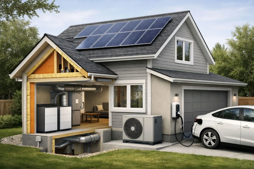 Solar panels powering a heat pump system in a Canadian home for energy efficient heating and cooling