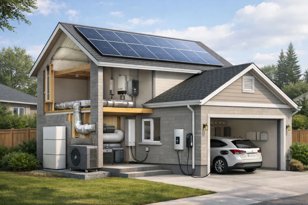 Ontario home with rooftop solar panels receiving net metering credits for excess electricity sent to the grid