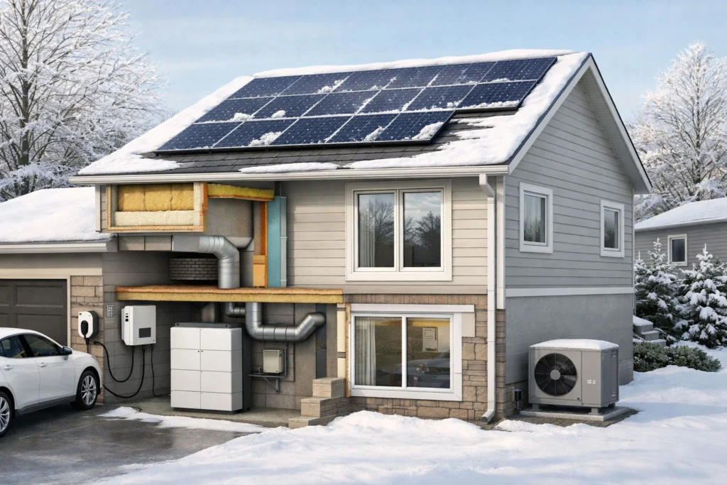 Solar panels covered with light snow on a Canadian rooftop generating electricity in winter conditions