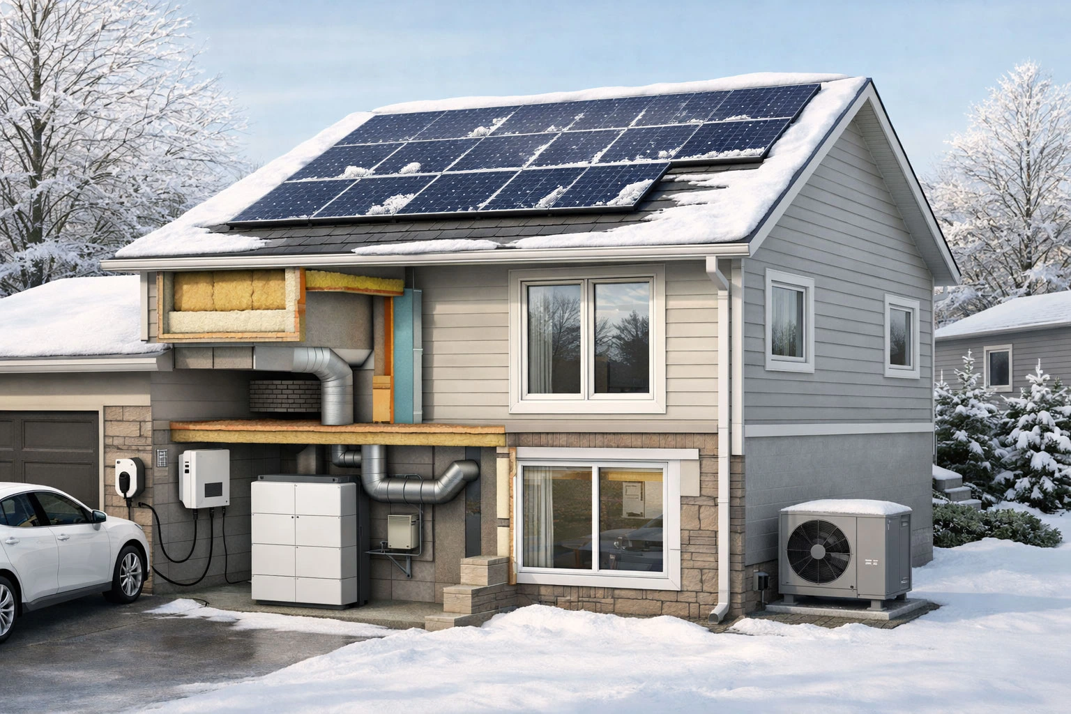 Solar panels covered with light snow on a Canadian rooftop generating electricity in winter conditions