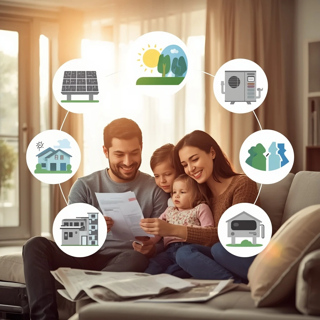 Canadian family reviewing electricity bill at kitchen table with heat pump and solar panels in background