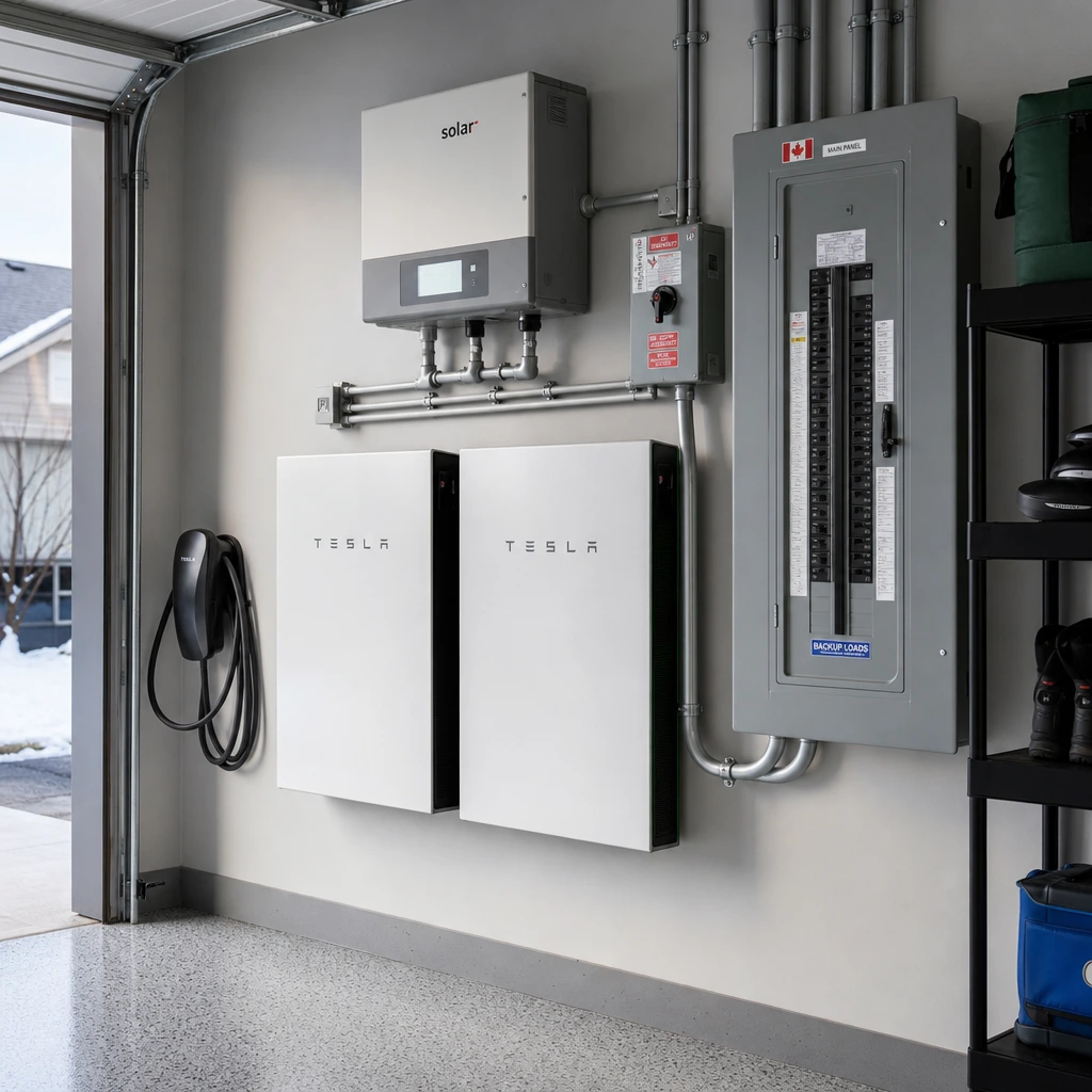 Modern home battery storage system installed in Ontario garage providing silent backup power during outage