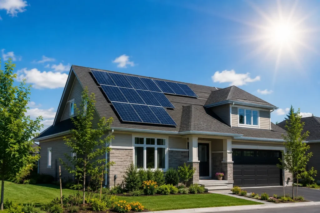 Ontario home with rooftop solar panels overlooking green lawn, modern energy-efficient house