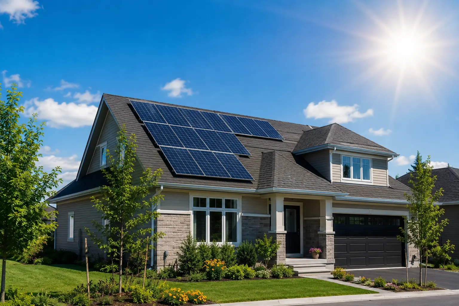 Ontario home with rooftop solar panels overlooking green lawn, modern energy-efficient house