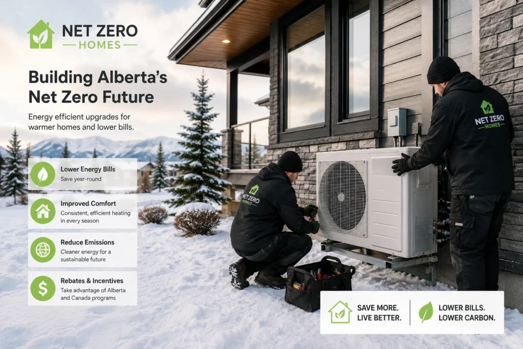 Alberta homeowner installing cold-climate heat pump with Net Zero Homes technician in winter