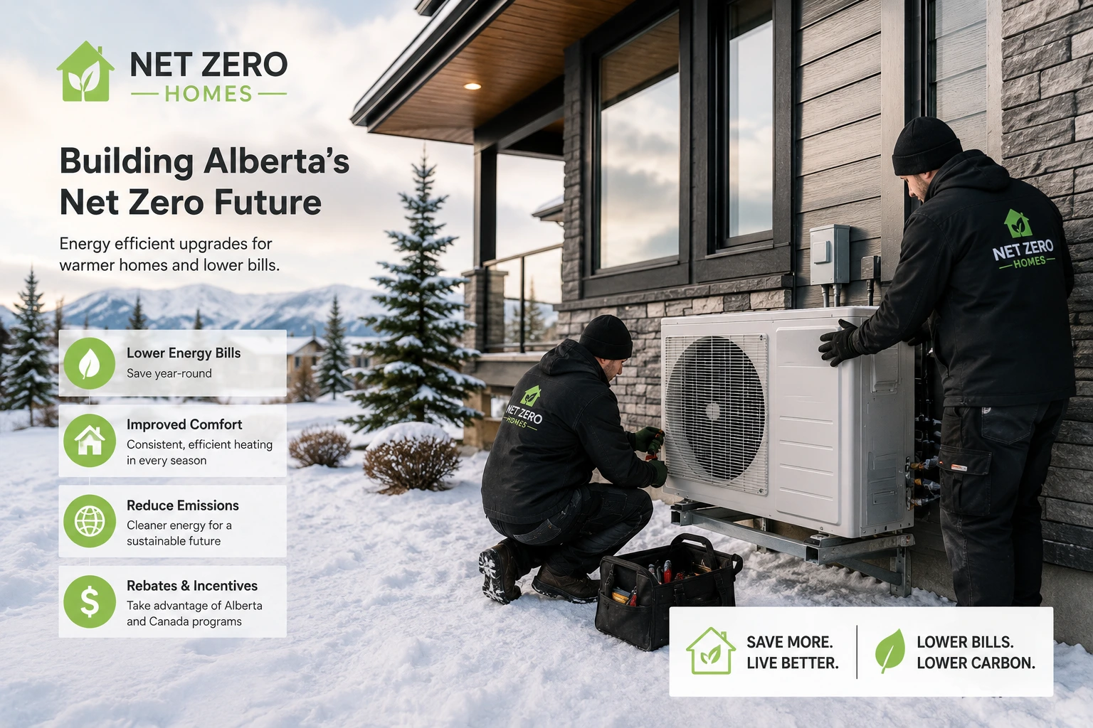 Alberta homeowner installing cold-climate heat pump with Net Zero Homes technician in winter