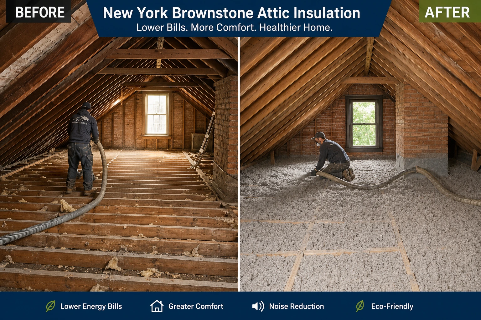 Professional installing cellulose insulation in New York home attic