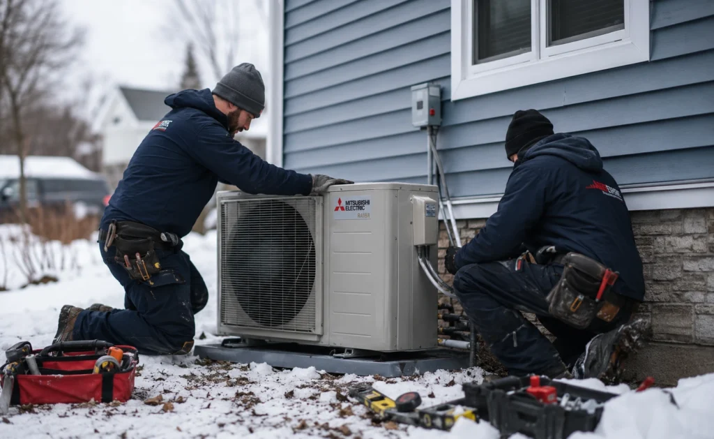 Professional installing cold climate heat pump outdoor unit in New York snowy backyard