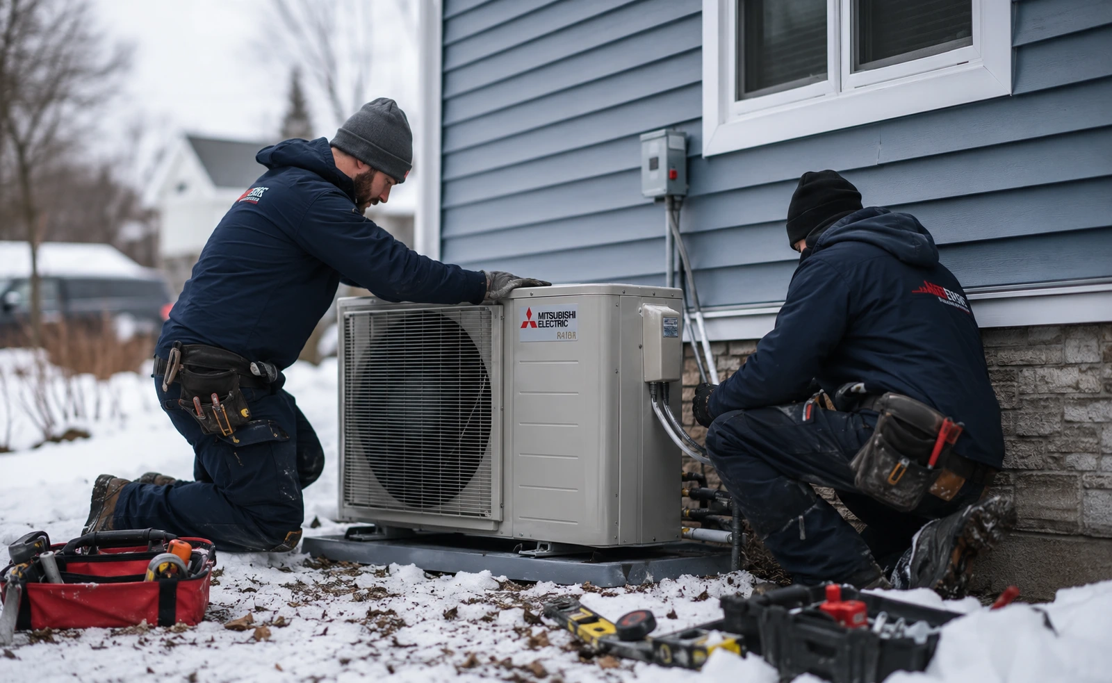Professional installing cold climate heat pump outdoor unit in New York snowy backyard