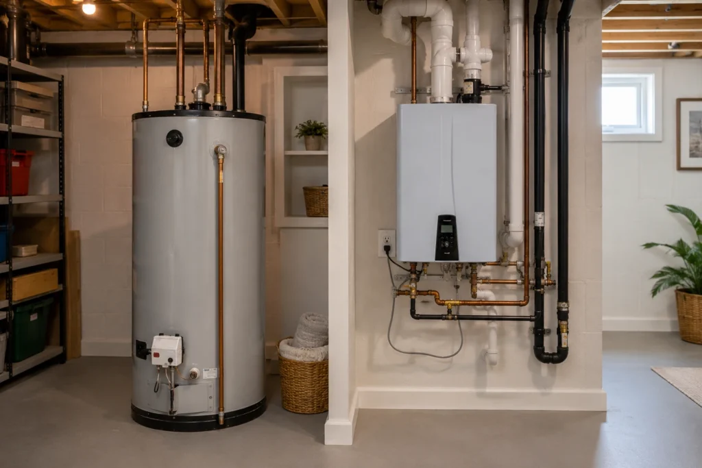 Side-by-side comparison of a traditional storage tank water heater and a tankless on-demand unit in a typical Canadian home utility space
