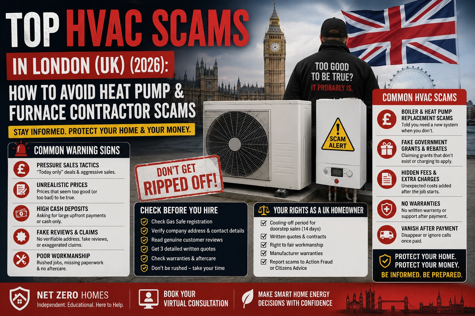 London homeowner reviewing heat pump quotes to avoid HVAC contractor scams 2026