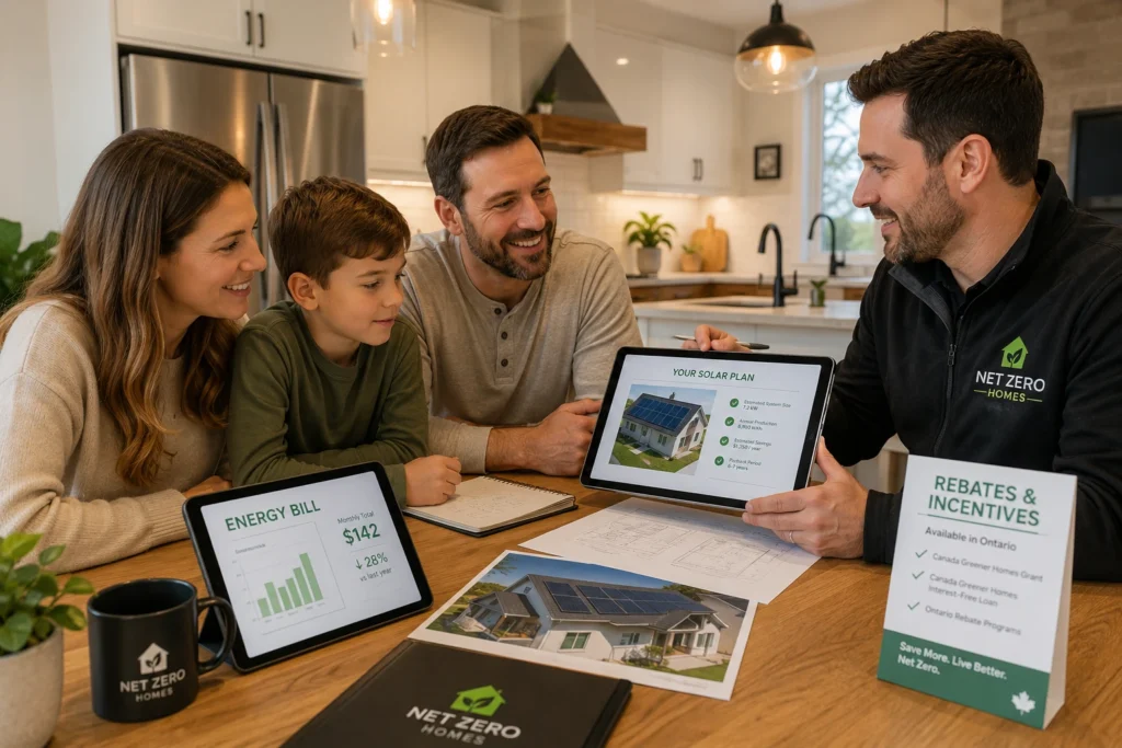 Ontario homeowner reviewing solar panel options with battery storage and HRS rebate documents in 2026