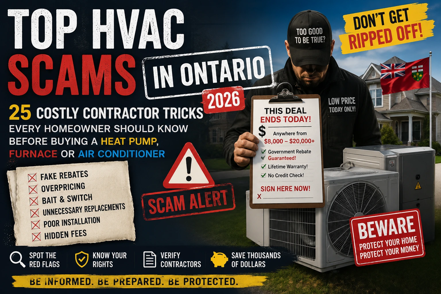 Ontario homeowner reviewing HVAC quote to avoid contractor scams on heat pump and furnace installation