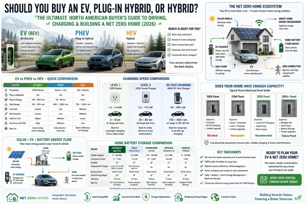 Homeowner deciding between electric vehicle, plug-in hybrid, and hybrid while planning solar and battery storage
