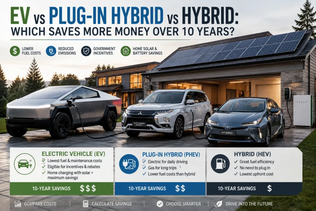 Side-by-side comparison of battery electric, plug-in hybrid and hybrid vehicles with home solar and charger in a North American driveway