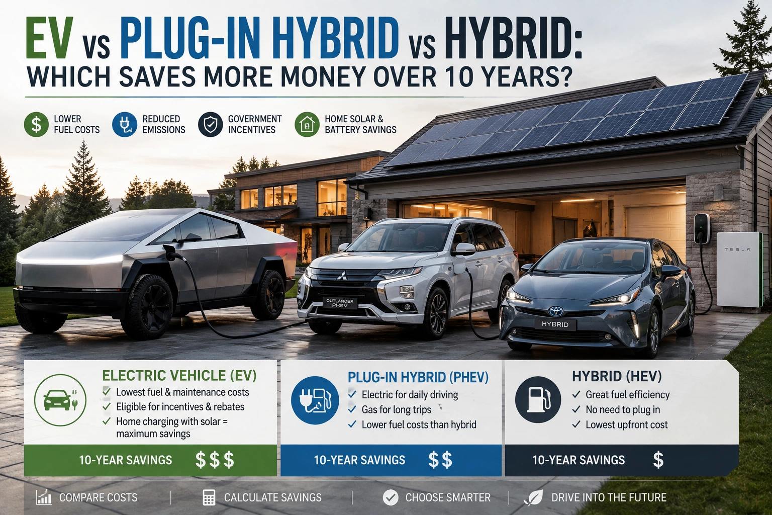 Side-by-side comparison of battery electric, plug-in hybrid and hybrid vehicles with home solar and charger in a North American driveway