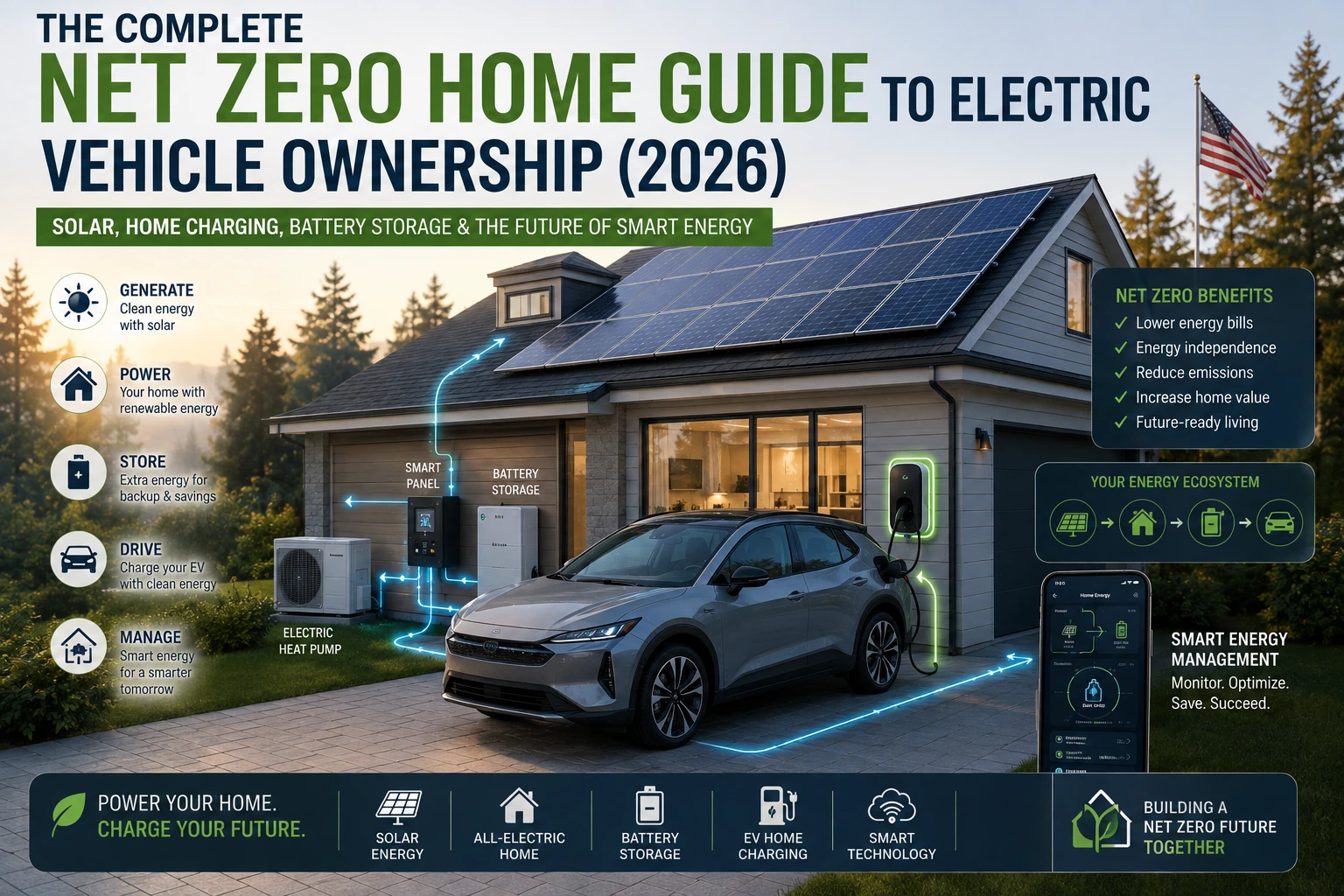 Diagram of a Net Zero Home ecosystem showing solar panels, home battery, Level 2 EV charger, electric vehicle, heat pump and smart electrical panel working together