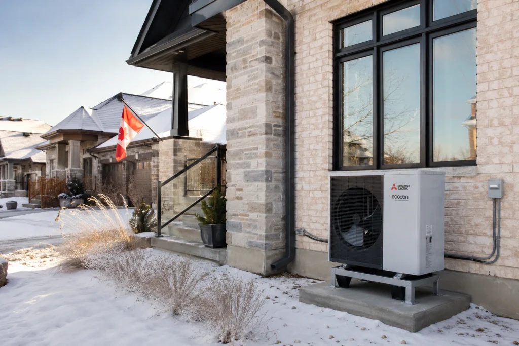 Close-up of outdoor heat pump unit operating in light snow with frost on coils.