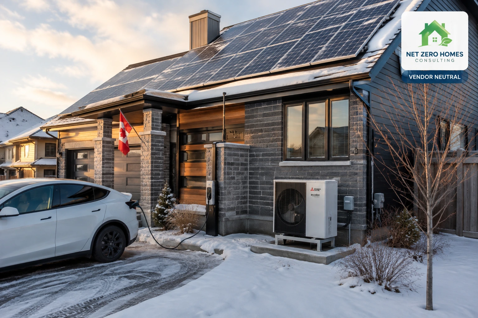 Cold climate heat pump installed outside a Canadian home in winter, illustrating long-term ownership costs including energy use and maintenance.