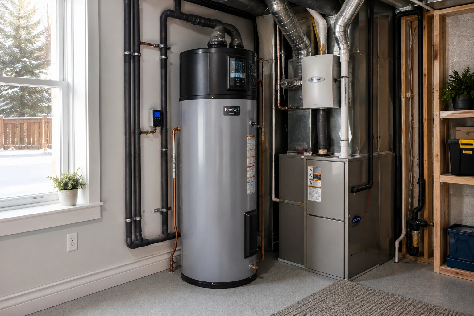 Close-up of a hybrid heat pump water heater showing the top-mounted compressor unit.