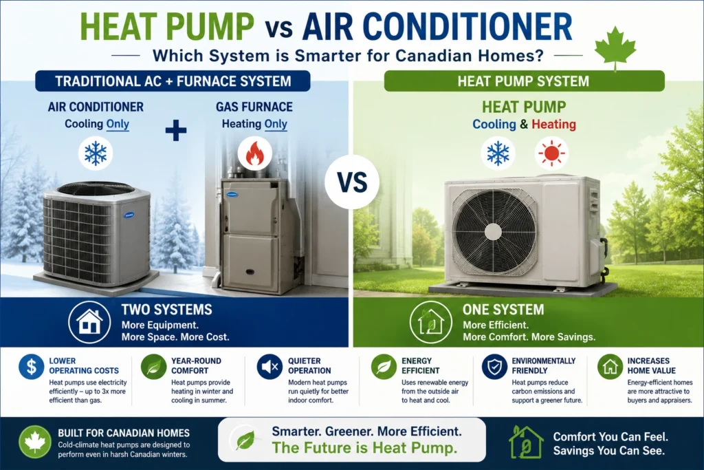 Heat pump vs air conditioner infographic: AC provides only cooling while heat pump provides both heating and cooling in one system.