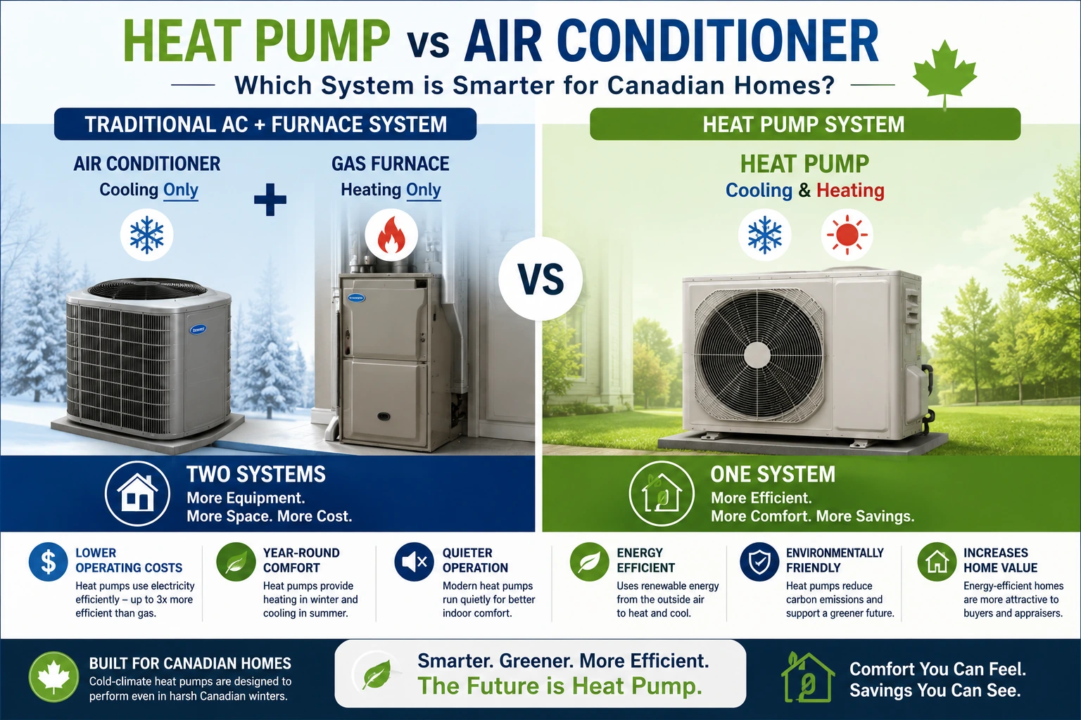 Heat pump vs air conditioner infographic: AC provides only cooling while heat pump provides both heating and cooling in one system.
