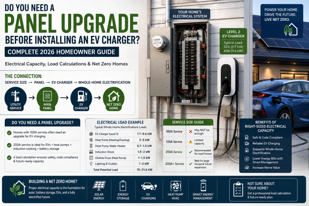 Homeowner examining electrical panel next to Level 2 EV charger with solar panels and battery storage in a Net Zero Home