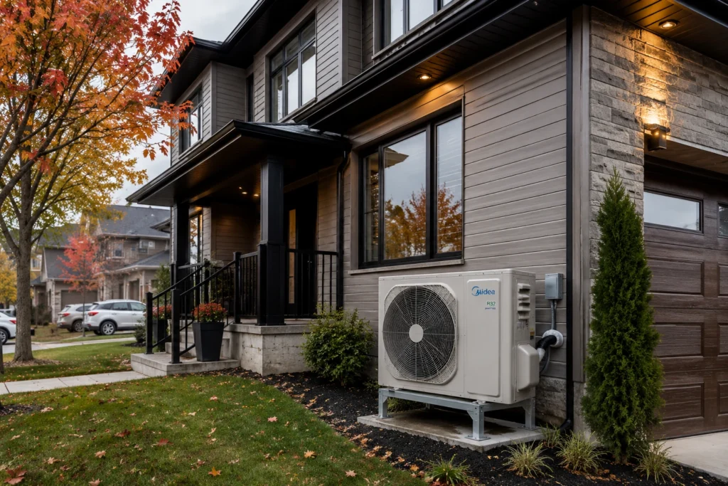Modern R32 cold‑climate heat pump installed beside a Canadian home in autumn