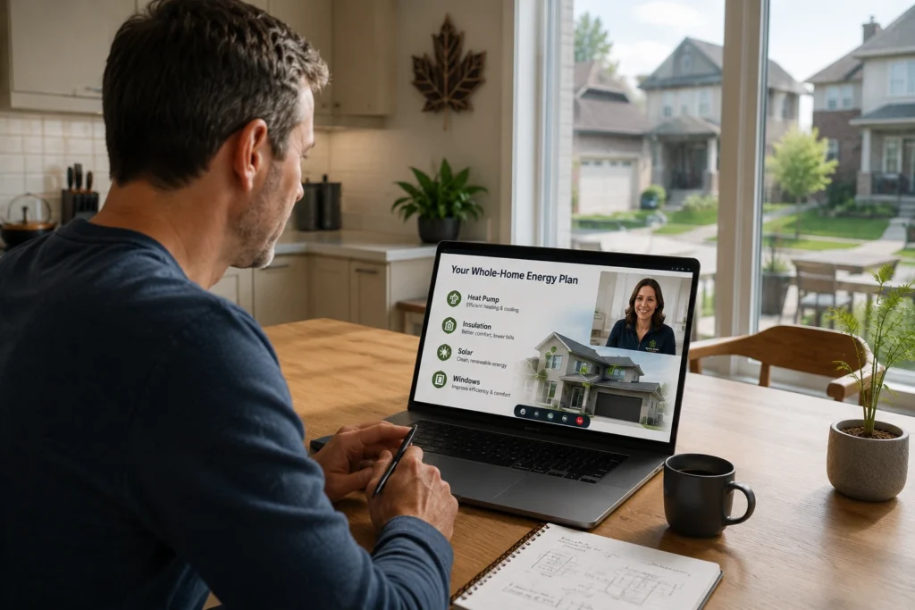 Home energy consultant discussing upgrade plan with Ontario homeowner during virtual consultation