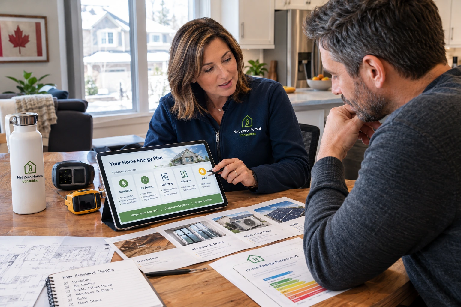 Energy advisor conducting a blower-door test during a home energy assessment in Ontario