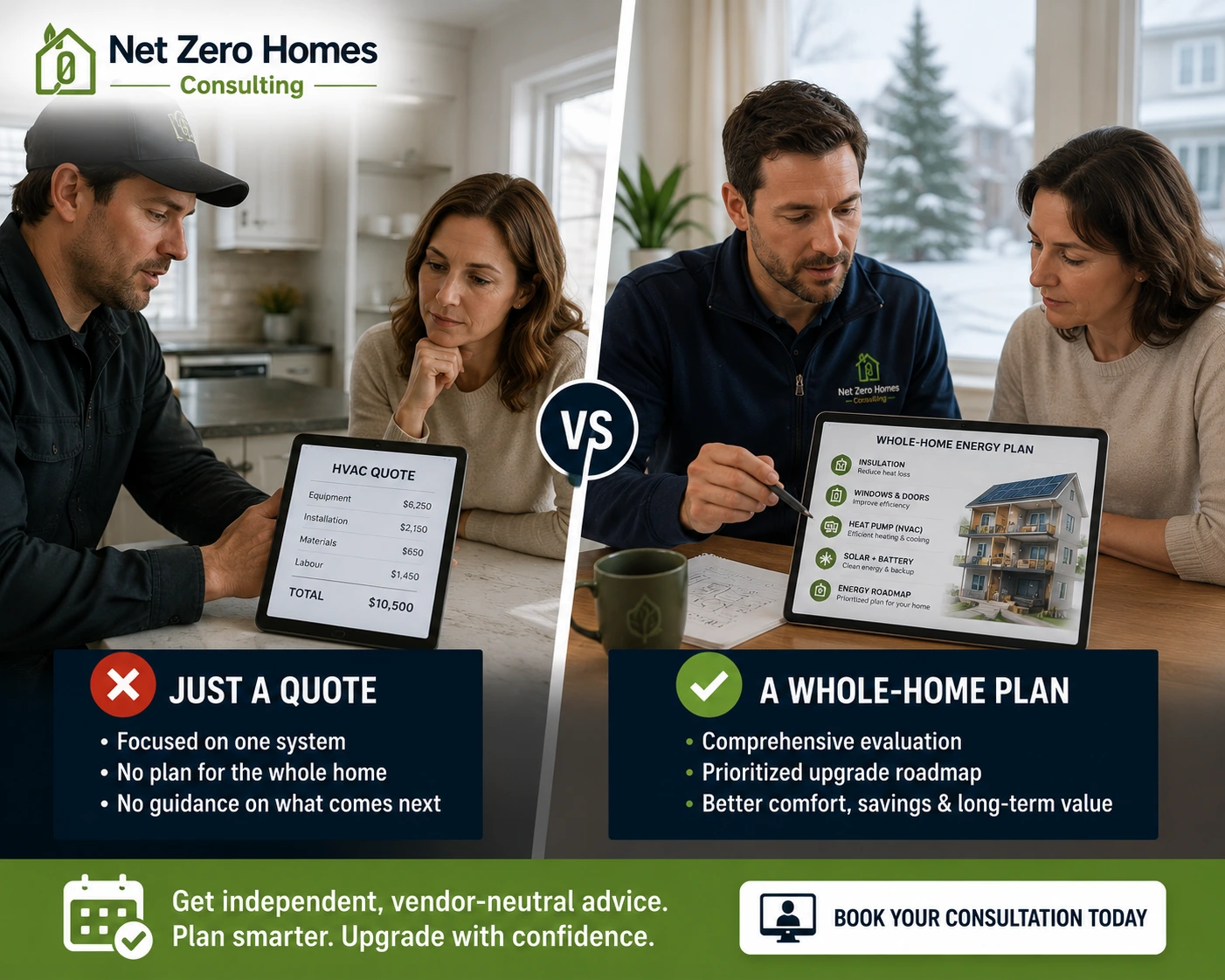 Canadian homeowner comparing an HVAC quote with a whole-home energy plan from Net Zero Homes Consulting