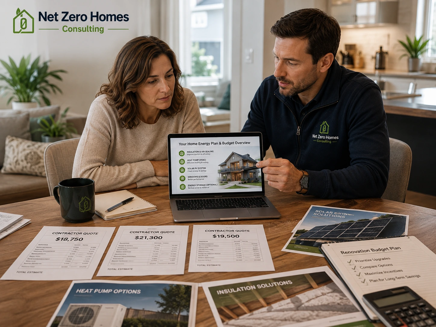Ontario homeowner reviewing a whole home energy plan, contractor quotes, heat pump, solar and insulation options with a Net Zero Homes Consulting advisor