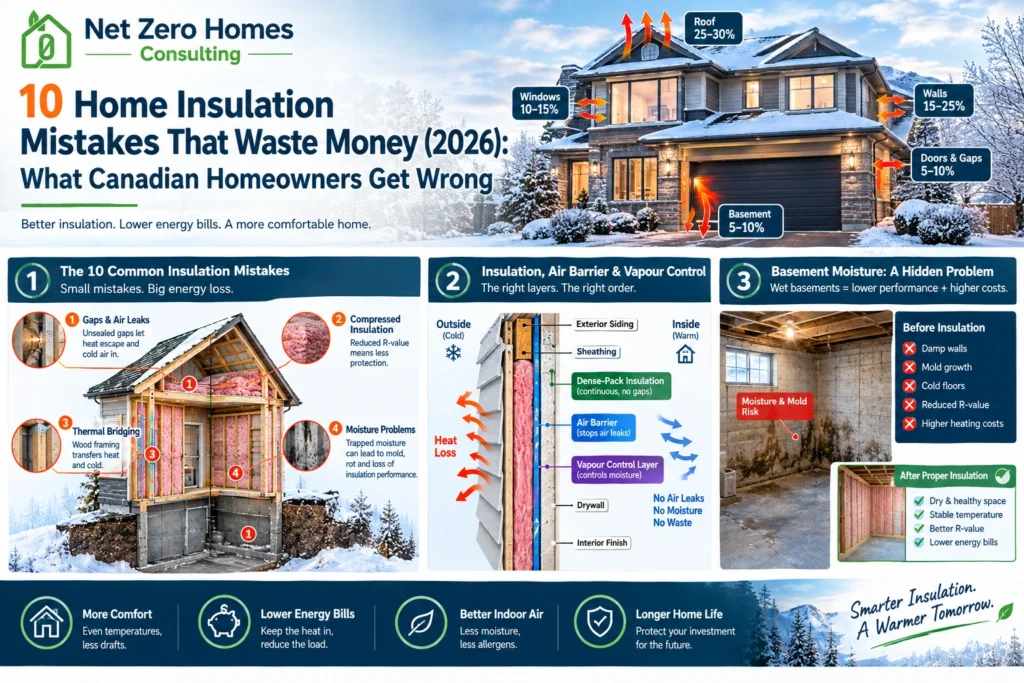 suburban Canadian home in winter with subtle thermal/insulation cutaway.