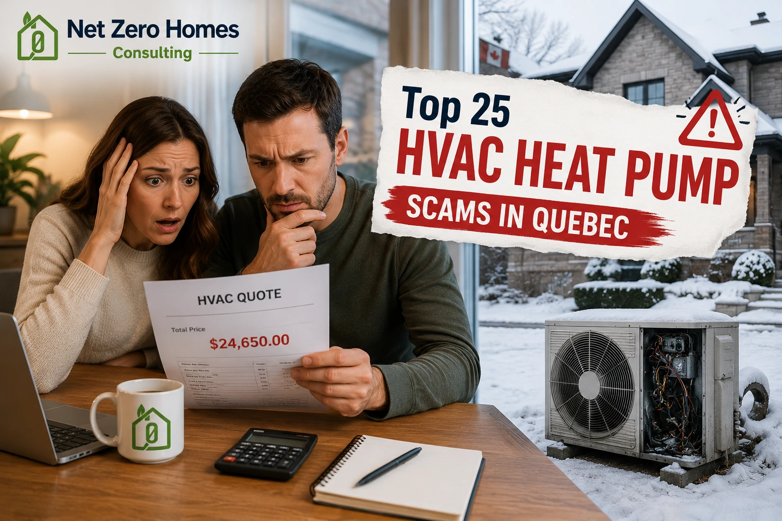 Educational illustration of 25 contractor red flags, quote comparison checklist, and LogisVert verification steps tailored to Quebec homeowners