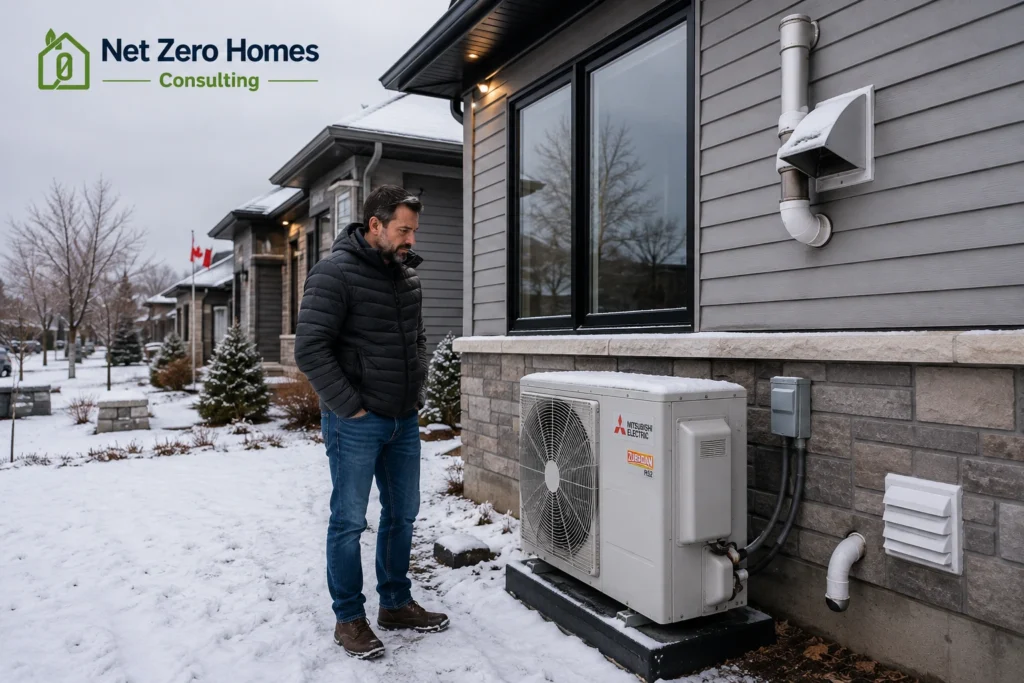 Cold climate heat pump outdoor unit in hybrid heating system on Canadian home