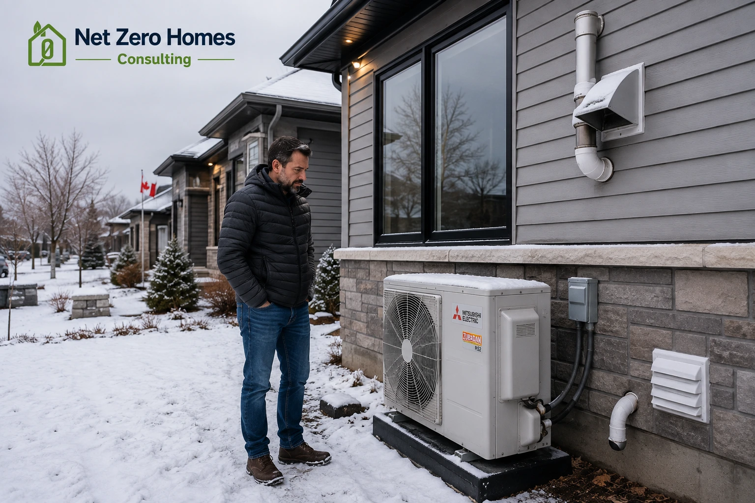 Cold climate heat pump outdoor unit in hybrid heating system on Canadian home