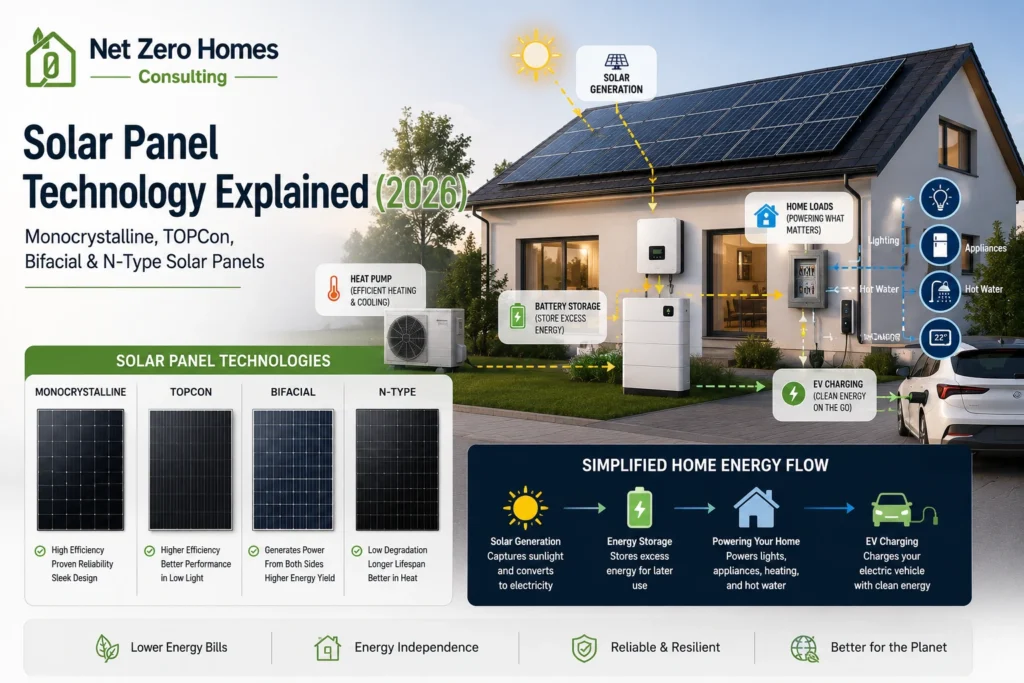 Modern Canadian Net Zero home with rooftop solar panels, heat pump, battery and EV charger in light winter snow