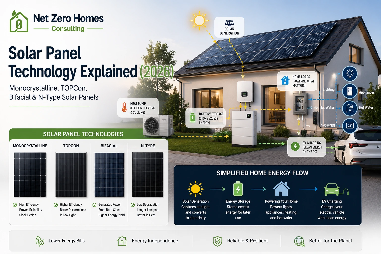 Modern Canadian Net Zero home with rooftop solar panels, heat pump, battery and EV charger in light winter snow