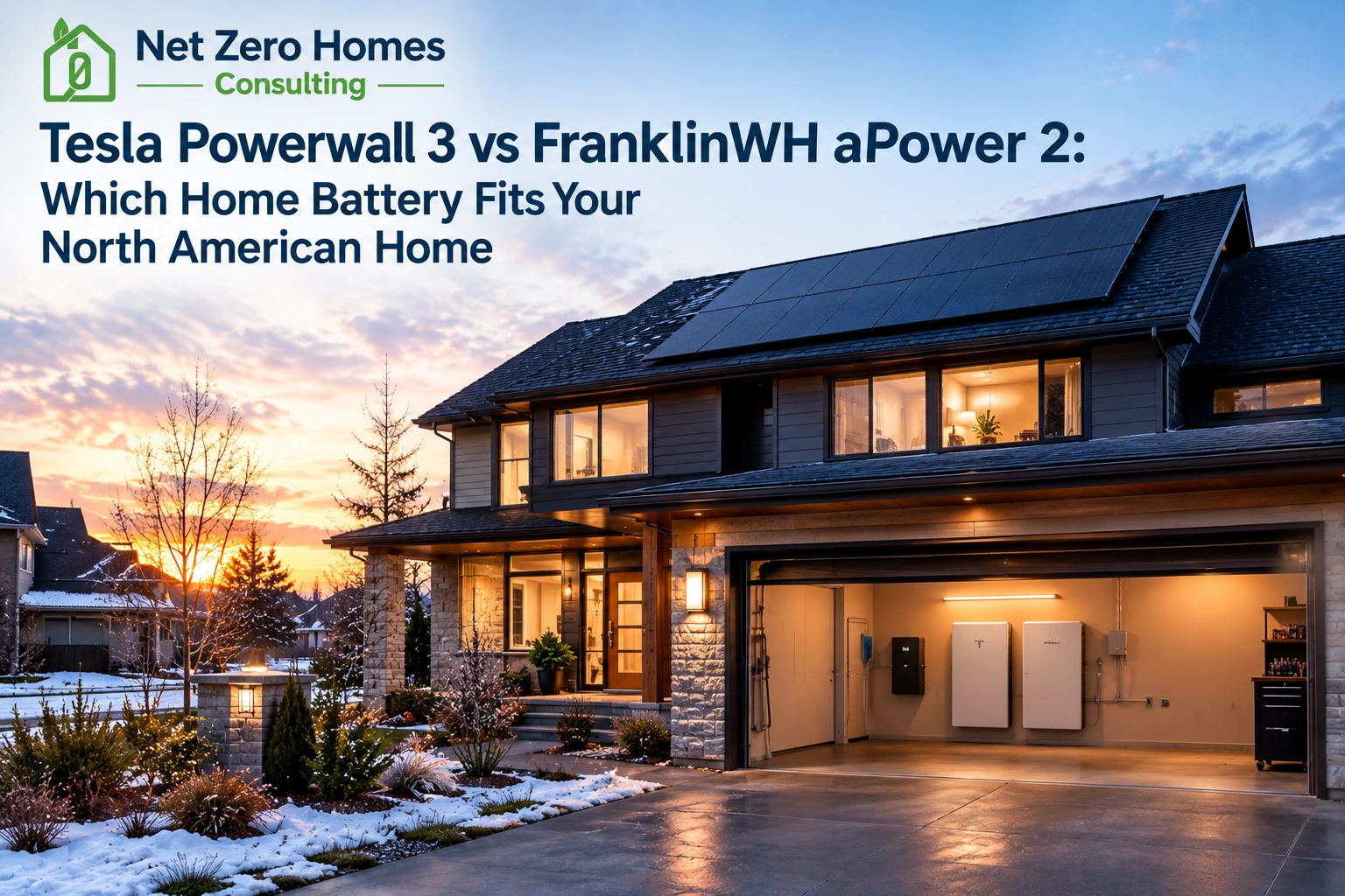 Modern North American suburban home at dusk with rooftop solar panels and garage battery installation area
